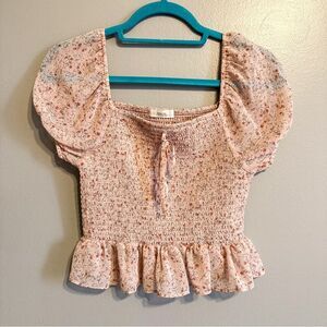 Active USA Pink Floral Smocked Puff Sleeve Peplum Top Size Large